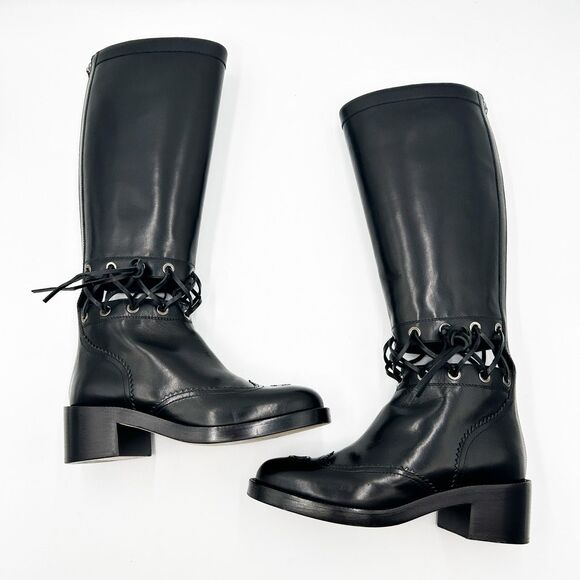 Chanel Knee High Boots Cap Toe Black Leather Lace Up Cutout - Picture 3 of 16